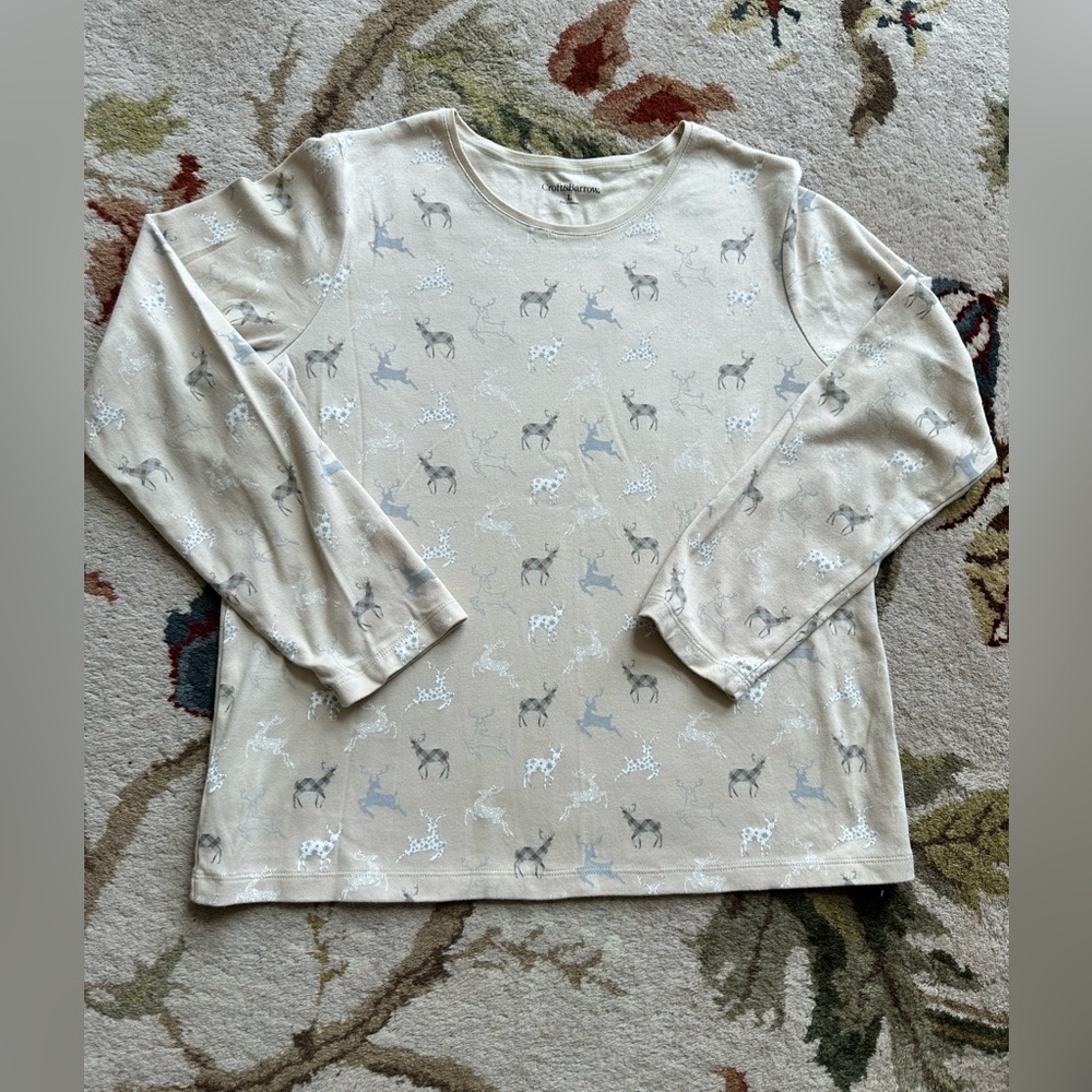 Croft & Barrow Women’s Beige Deer Pattern Long Sleeve Tee Christmas Holiday L